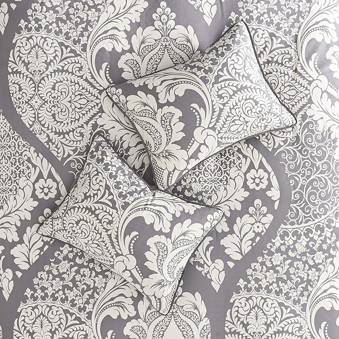 Madison Park Vienna Sateen Cotton Comforter Set, Breathable, Soft Cover, Trendy, All Season Down Alternative Cozy Bedding with Matching Shams, King, Grey 7 Piece