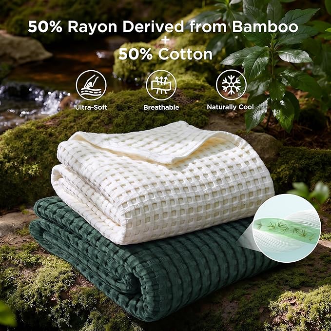 Bedsure Cooling Cotton Waffle Weave Throw Blanket - Lightweight Breathable Blanket of Rayon Derived from Bamboo for Hot Sleepers, Luxury Throws for Bed, Couch and Sofa, Dark Green, 50x70 Inches
