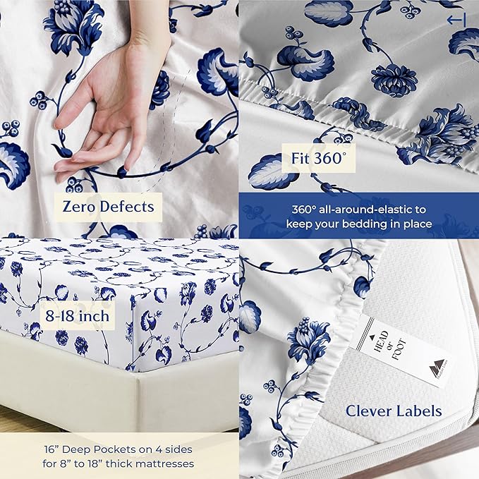 Mayfair Linen 100% Organic Cotton Printed Sheets Full Size - Percale Weave Cotton Full Size Sheet Set (4 PC, Floral Blue), Soft & Crisp, GOTS Certified, Cooling Sheets, 16" Deep Pocket
