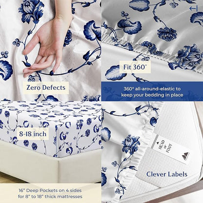 Mayfair Linen 100% Organic Cotton Printed Sheets King Size - Percale Weave Cotton King Size Sheet Set (4 PC, Floral Blue), Soft & Crisp, GOTS Certified, Cooling Sheets, 16" Deep Pocket