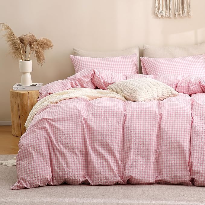 TOCOMOA Pink Gingham Duvet Cover Bedding Set 100% Washed Cotton Like Linen Feel Super Soft Comfortable 3 Piece Cute Plaid Checkered Comforter Cover Set (Queen 90"x90", Comforter Not Included)
