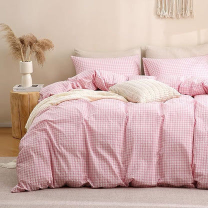 TOCOMOA Pink Gingham Duvet Cover Bedding Set 100% Washed Cotton Like Linen Feel Super Soft Comfortable 3 Piece Cute Plaid Checkered Comforter Cover Set (Full 80"x90", Comforter Not Included)