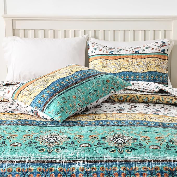 Boho Style King Quilt Set Yellow Bohemian Floral Strip Quilt Beddding Set, Soft and Lightweight Bedspread for All Season, Oversize King Bed Coverlet with 2 Matching Pillow Shams (3 Pieces)