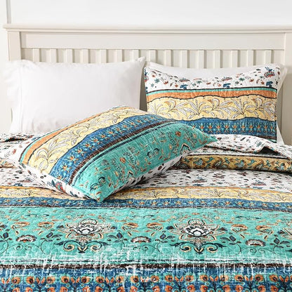 HORIMOTE HOME Boho Style Twin Size Quilt Set Yellow Bohemian Floral Strip Quilt Beddding Set, Soft and Lightweight Bedspread for All Season,XL Twin Bed Coverlet with 1 Matching Pillow Sham (2 Pieces)
