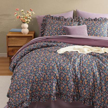 Queen Comforter Set - 7 Pieces Ruffle Purple Ditzy Bedding Sets, Shabby Chic Farmhouse Bed in a Bag with Ruffle Comforter, Sheets, Pillowcases & Shams