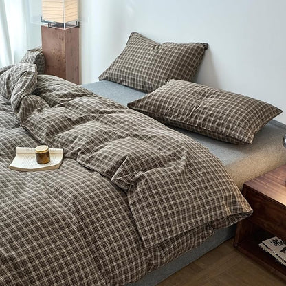 EAVD Vintage Style Dark Grey Gingham Plaid Duvet Cover King 100% Washed Cotton Like Linen Feel Soft 3-Piece Grid Plaid Bedding Set with 2 Pillowcases Reversible Geometric Duvet Cover with Zipper