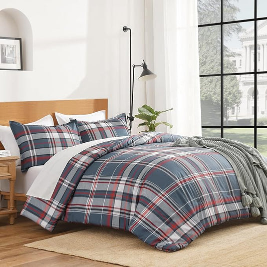 Andency Navy Red Plaid Comforter Set Queen(90x90Inch), 3 Pieces Grid Gingham Stripes Bedding Comforter Sets for Boys Girls Kids Teens, Preppy Geometric Line Soft Lightweight Reversible Bed Set as Gift