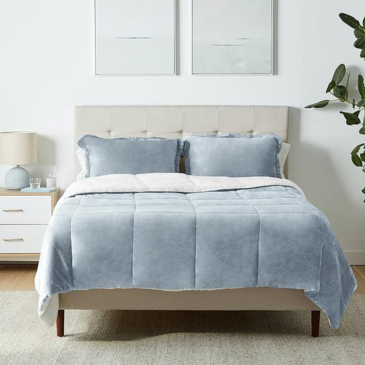 Basics 3-Piece Ultra-Soft Micromink Sherpa Bedding Set, Warm All Season Comforter, Full/Queen, Tide Pool Blue