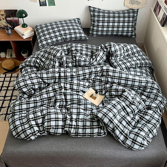 HighBuy Grey Gingham Comforter Set King Size,Plaid Grid Queen Comforter Set Grey Black Plaid Comforter Set with 2 Pillowcases,3 Pieces Vintage Fluffy Soft Farmhouse Checkered Grid Bedding Set