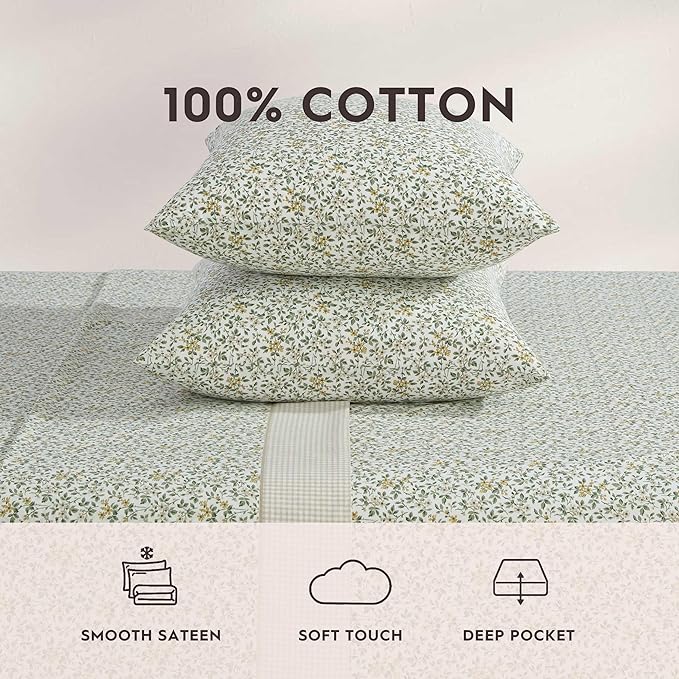 Laura Ashley - Twin Sheet Set, Breathable Percale Cotton Bedding with Deep Pockets, Chic Home Decor, Oeko-Tex Certified (Tierney Green, Twin)