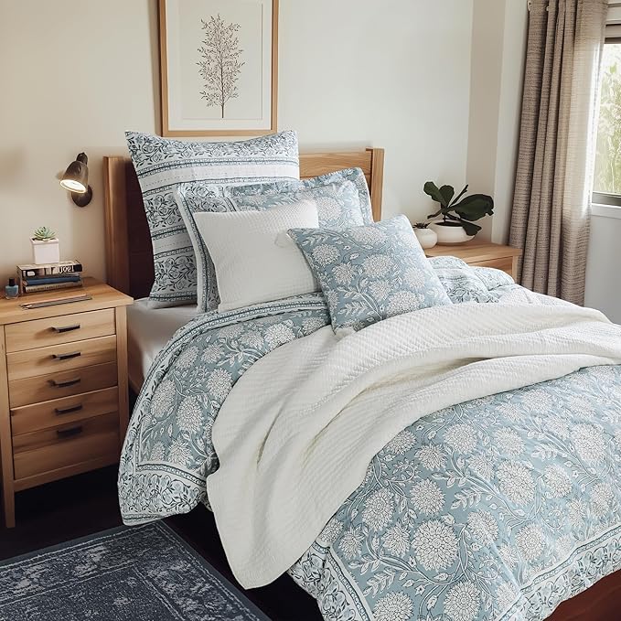 Levtex Home Adare Blue Reversible Full/Queen Comforter Set (90x94in) with 2 Pillowcases (26x20in) - Floral Bedding - Blue and White - 100% Cotton Full/Queen Size Comforter Set - Soft, Pre-Washed