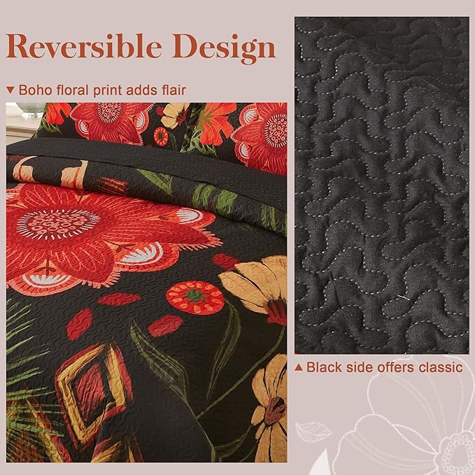 3 Piece Black Red Boho Floral Quilt Sets King Size Farmhouse Reversible Lightweight Bedspread Coverlet with 2 Shams Vintage Mid Century Microfiber Bedding Quilts Set for All Season, 106''x96''