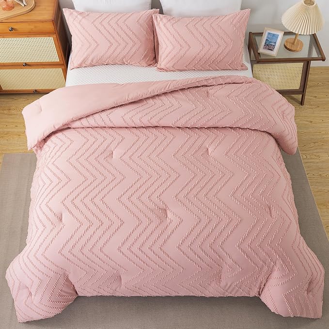 Andency Pink Comforter Set King, Boho Cute Girls Women Soft Fluffy Warm Lightweight Bedding Comforter Sets for King Bed, 3 Pieces Chevron Tufted Aesthetic Microfiber Comforter Set