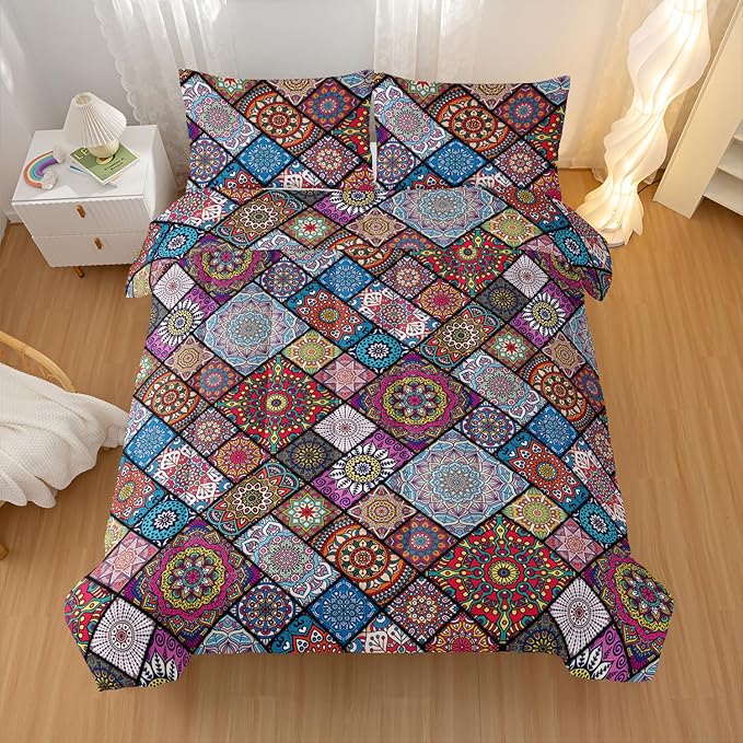 Colorful Bohemian Comforter Sets Full Size,Retro Grid Bedding Set for Your Room,Abstract Soft Lightweight Quilted Set All Season,1 Comforter and 2 Pillowcases