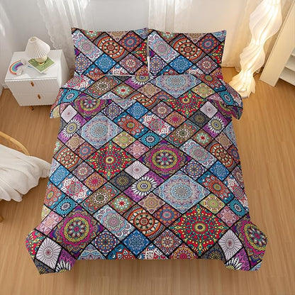 Colorful Bohemian Comforter Sets Full Size,Retro Grid Bedding Set for Your Room,Abstract Soft Lightweight Quilted Set All Season,1 Comforter and 2 Pillowcases