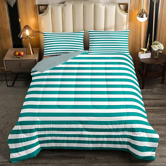 Stripe Comforter Set Turquoise Bedding Set Green White Striped Down Comforter King Ticking Stripes Geometric Lines Reversible Farmhouse Horizontal Stripes Lightweight Soft Quilt Duvet Insert