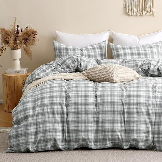 TOCOMOA Plaid Duvet Cover Set 100% Washed Cotton Like Linen Feel Super Soft Comfy 3 Piece Grey and Green Gingham Checkered Bedding Comforter Cover Set (King 104"x90", Comforter Not Included)