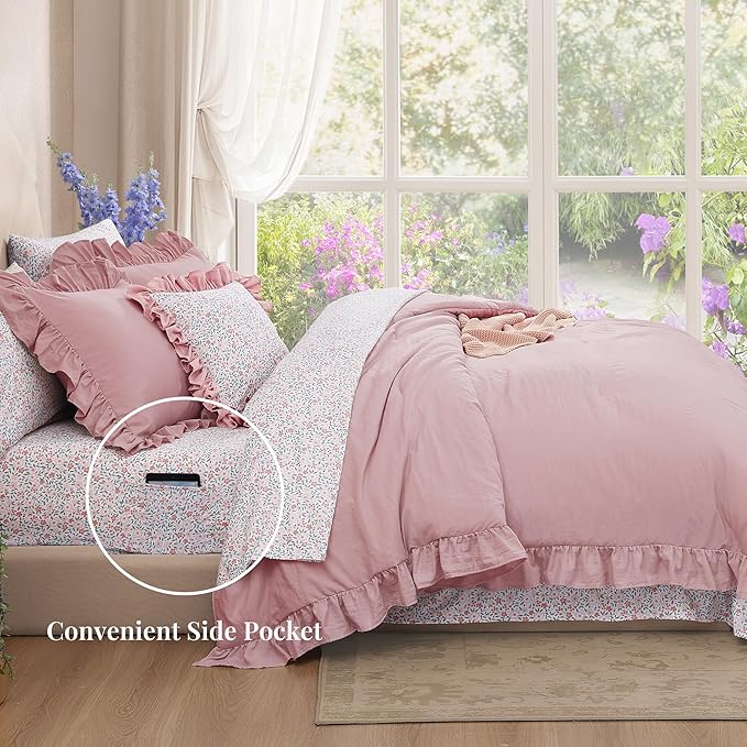 Twin XL Comforter Set - 5 Pieces Ruffle Soft Pink Bedding Sets, Shabby Chic Farmhouse Bed in a Bag Twin XL with Ruffle Comforter, Floral Sheets, Pillowcases & Shams