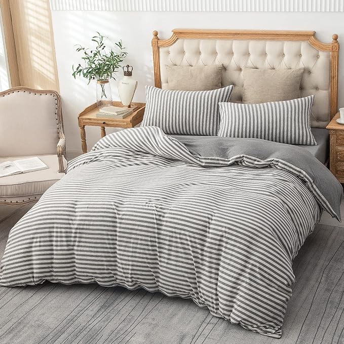 PURE ERA Jersey Knit Duvet Cover Set 100% T-Shirt Heather Cotton Super Soft Comfy Classic Striped Design, with Zipper Closure, Grey Stripe, Queen
