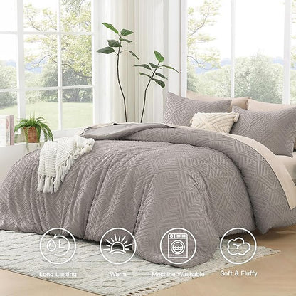 Litanika Queen Comforter Set Rose Grey, 3 Pieces Cream Tufted Boho Farmhouse Bedding Comforter Sets, Lightweight Fluffy Comforter Bed Set for All Season (90x90In Comforter and 2 Pillowcases)