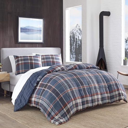 Eddie Bauer - Twin Comforter Set, Reversible Down Alt Bedding with Matching Sham, Oeko-Tex Certified, Dorm Essentials (Shasta Lake Navy)
