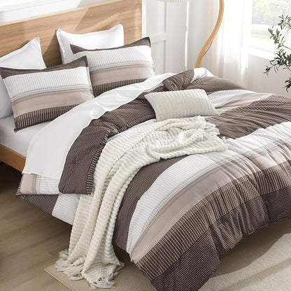 Litanika Comforter Set King Size Chocolate - 3 Pieces Lightweight Colorblock Stripe Fluffy Bedding Comforter Sets, All Season Bed Set