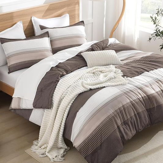 Litanika Comforter Set Full Size Chocolate - 3 Pieces Lightweight Colorblock Stripe Fluffy Bedding Comforter Sets, All Season Bed Set