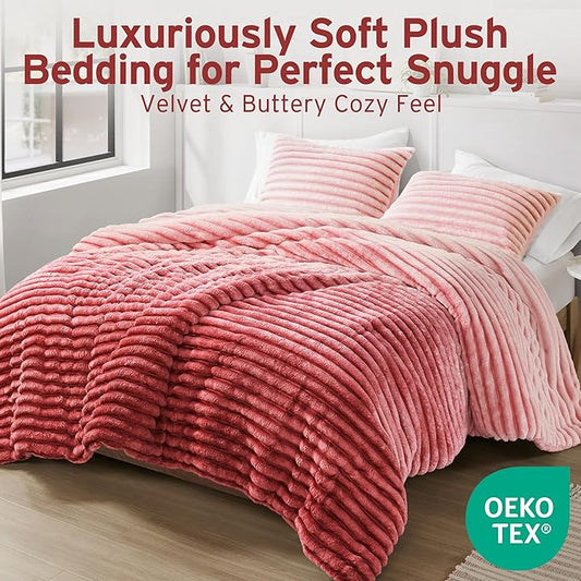 Intelligent Design Queen Comforter Set, Plush Bedding, Microfiber Reverse, 3 Piece, Lightweight, Super Soft Ribbed Velvet Comforter 2 Shams, All Season Fluffy Bed Set, Avril, Full/Queen Blush Ombre