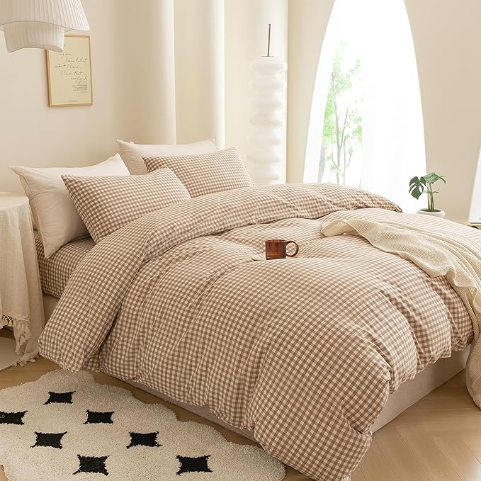ECOCOTT Gingham Duvet Cover King Size 100% Washed Cotton Like Linen Feel Super Soft & Comfy Bedding Set Modern Checkered Design for All Seasons
