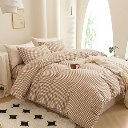ECOCOTT Gingham Duvet Cover King Size 100% Washed Cotton Like Linen Feel Super Soft & Comfy Bedding Set Modern Checkered Design for All Seasons