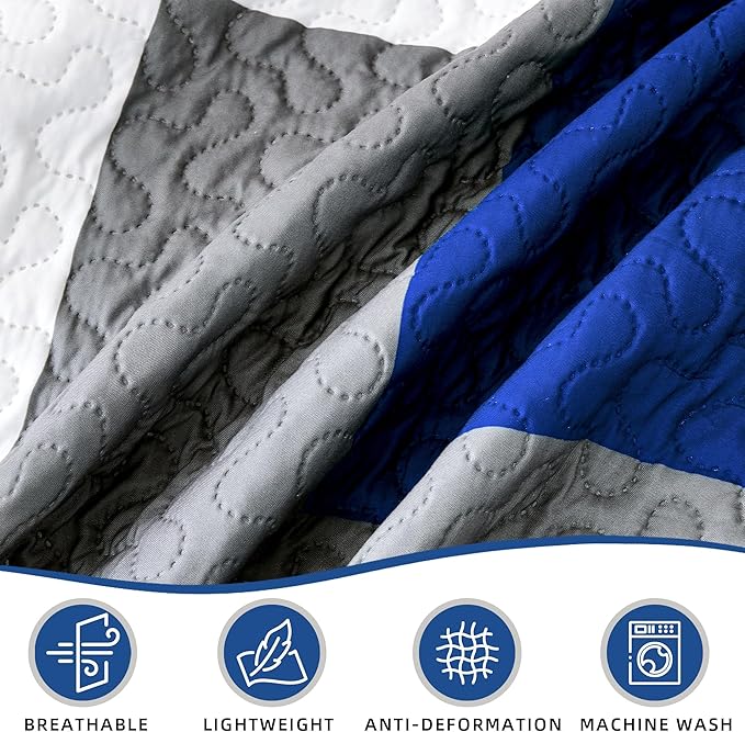 3 Piece Blue White Grey Quilt Set King Size Black White Geometric Reversible Bedding Set Microfiber Lightweight Bedspread Coverlet with 2 Shams Modern Bed Covers for All Season, 106''x96''