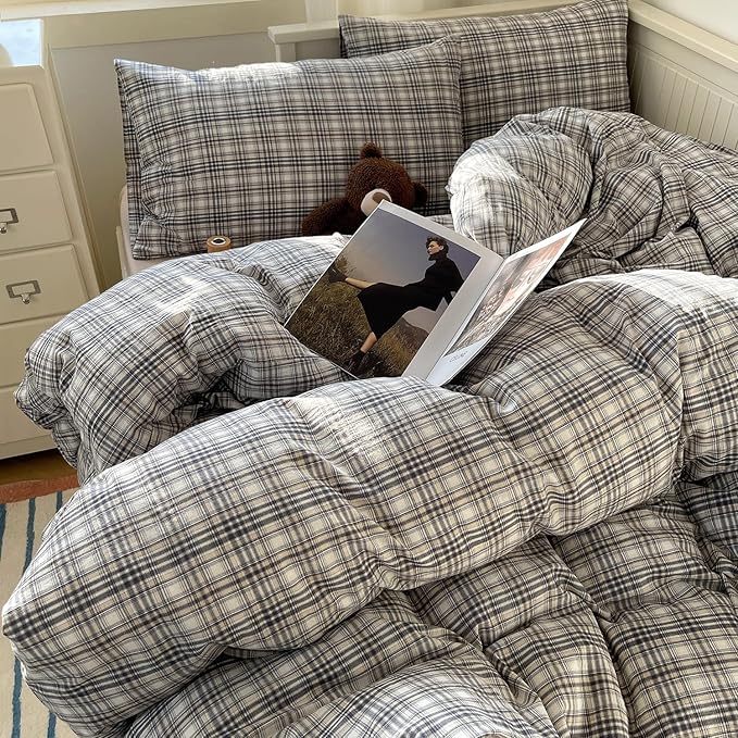 MKXI King Modern Plaid Duvet Cover Set 3 Piece - Deep Navy Washed Cotton Bedding, Modern Farmhouse Check Design, Breathable & Vintage Linen Like Bedding Set with Zipper Closure