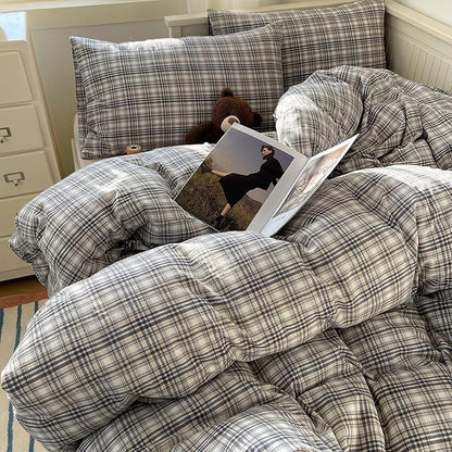 MKXI Queen Modern Plaid Duvet Cover Set 3 Piece - Deep Navy Washed Cotton Bedding, Modern Farmhouse Check Design, Breathable & Vintage Linen Like Bedding Set with Zipper Closure
