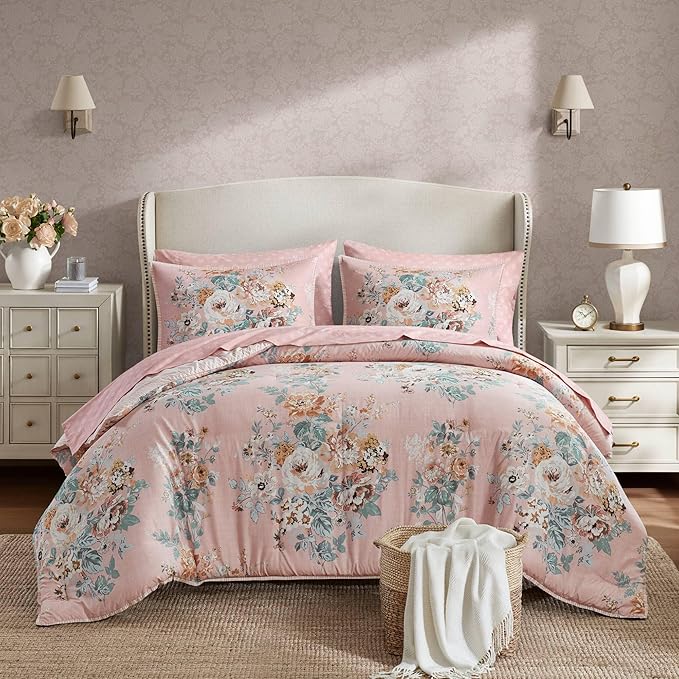 Madison Park Essentials Floral Comforter Set Full Size, Vintage Flower Bedding Set with Sheet Set, 7 Pieces Bed in a Bag with Reversible Botanical Comforter and Pillowcases & Shams, Heather, Pink
