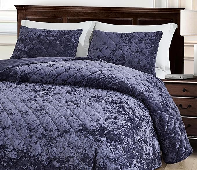 Chezmoi Collection Lux Purple Velvet Quilt King Set, 3-Piece Plush Distressed Velvet Bedding All Season Lightweight Comforter Brushed Microfiber Reverse with Diamond Stitch Quilting