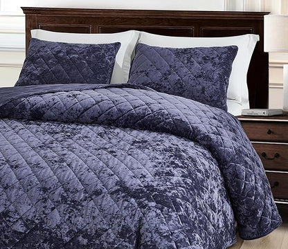 Chezmoi Collection Lux Purple Velvet Quilt Queen Set, 3-Piece Plush Distressed Velvet Bedding All Season Lightweight Comforter Brushed Microfiber Reverse with Diamond Stitch Quilting
