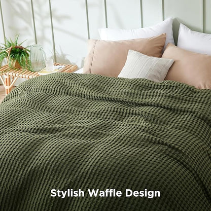 Bedsure Cooling Cotton Waffle King Size Blanket - Lightweight Breathable Blanket of Rayon Derived from Bamboo for Hot Sleepers, Luxury Throws for Bed, Couch and Sofa, Olive Green, 104x90 Inches