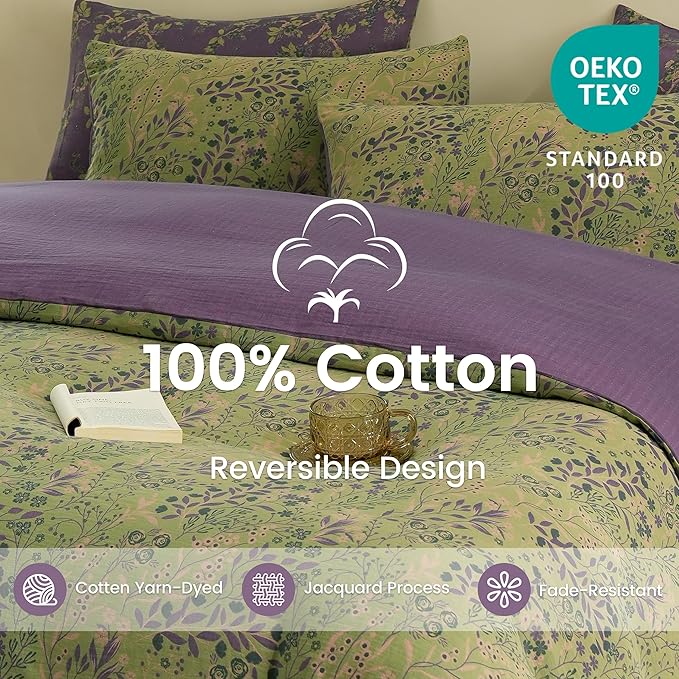 BISELINA 100% Cotton Muslin Duvet Cover Set King, 3 Pcs Yarn-Dyed Jacquard Textured Reversible Floral Design, Soft and Breathable Bedding Set with Zipper Closure, Green Purple