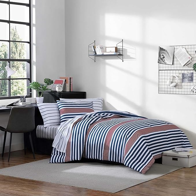 Nautica - Twin/Twin XL Comforter Set, Super Soft Woven Bedding with a Medium-Weight Feel for Year Round Use, 2 Piece Bed Set with Matching Pillowcase (Kennedy Stripe Navy)