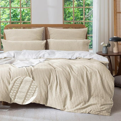 MILDLY Jacquard Stripe Duvet Cover - 100% Washed Cotton Khaki Boho Textured Comforter Cover Set with Zipper Closure 90"x90"