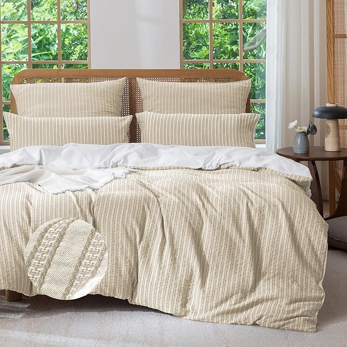 MILDLY Jacquard Stripe Duvet Cover - 100% Washed Cotton Khaki Boho Textured Comforter Cover Set with Zipper Closure 80"x90"