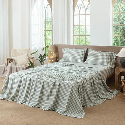 MooMee Gingham Sheet Set 100% Washed Cotton Linen Like Textured Breathable Soft w/ Fully Elasticized 16-19" Deep Pocket (Classic Gingham Sage Green, King)