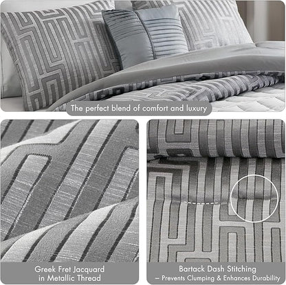 Madison Park King Comforter Set Jacquard Metallic Thread Comforters, All Season Comforter & Quilt Bedding Set King Size Comforter, Decor Pillows, Shams, Royce, King Grey 5 Piece