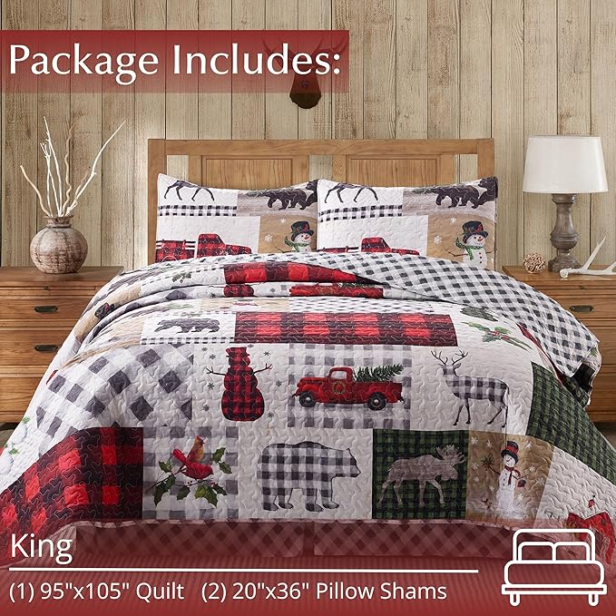 Virah Bella 3 Piece King Lodge Quilt Bedding Set - Rustic Country Reversible Comforter Set with Decorative Pillow Shams - Country Lodge Patchwork