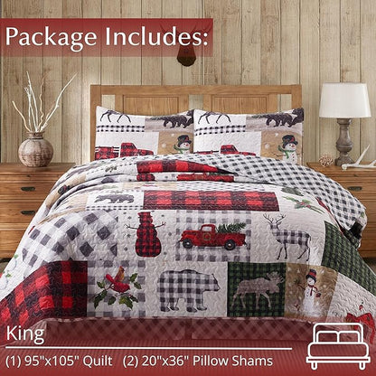 Virah Bella 3 Piece King Lodge Quilt Bedding Set - Rustic Country Reversible Comforter Set with Decorative Pillow Shams - Country Lodge Patchwork