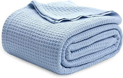 Bedsure Gentlesoft 100% Cotton Blanket King Size for Bed - Cooling Breathable and Soft for Spring Summer, Thick Cozy Waffle Weave Blanket Gifts for Women, Sky Blue, 104x90 inches