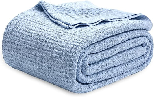 Bedsure Gentlesoft 100% Cotton Blue Blanket Queen Size for Bed - Cooling Breathable and Soft for Spring Summer, Thick Cozy Waffle Weave Blanket Gifts for Women, Sky Blue, 90x90 Inches