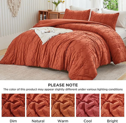 Andency Terracotta Tufted Fall Comforter Set Full(79x90Inch), 3 Pieces(1 Boho Comforter, 2 Pillowcases) Textured Farmhouse, Soft Microfiber Down Alternative Geometric Fall Bedding Set