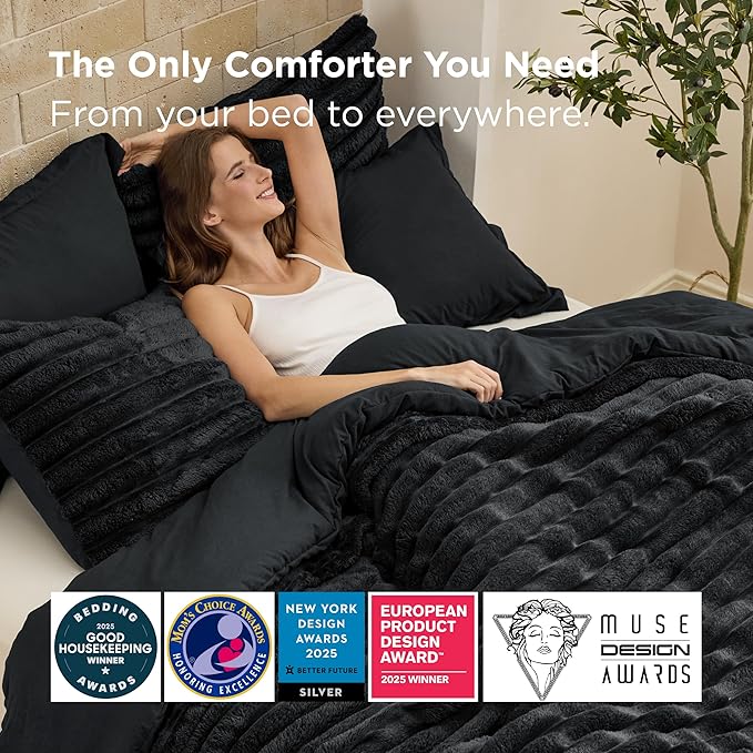 Bedsure Gentlesoft™ 2-in-1 King Size Comforter Set and Detachable Fluffy Blanket, Black Bedding Set for All Season Use, SnapTech™ Design for Space Saving (Includes 2 Pillow Shams, 2 Pillowcases)