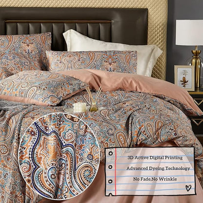 Gold Duvet Cover Set,5 PCS Medallion Paisley Print Comforter Cover Set,Bohemian Pattern Bedding Set,Vintage Style Flower Duvet Cover,Soft Reversible Design(Paisley,Queen)